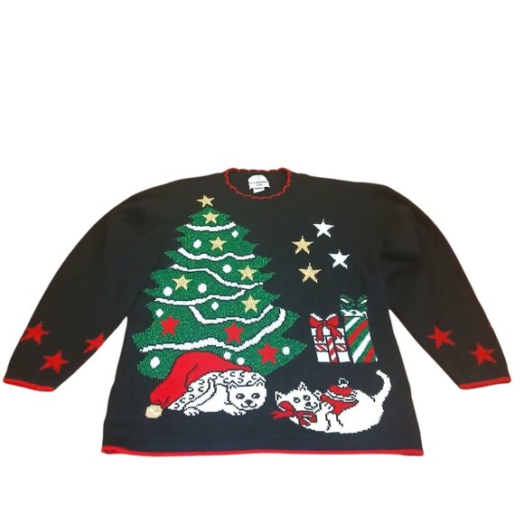 JJ Poole Women's Large Sweater Black Acrylic Cats Christmas Tree Stars USA Made - Picture 1 of 5